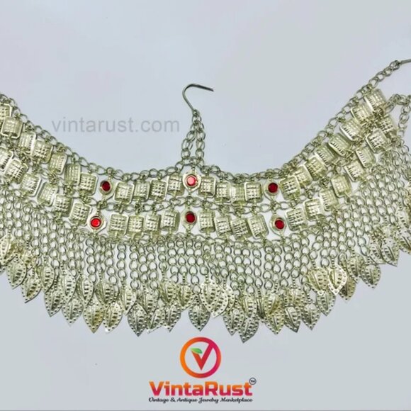 Afghan Silver Kuchi Headpiece With Red Glass Stones and Long Tassels main image 8